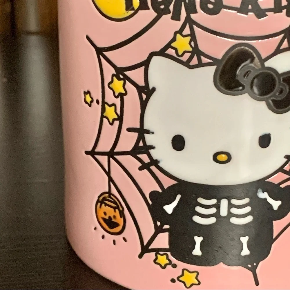 Hello Kitty Pink Halloween Mug - Skeleton Spider Web Bats Stars Pumpkins - Picture 6 of 11